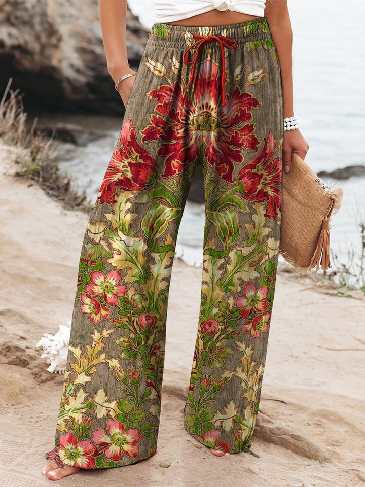 Women's Floral Print Elasticated Drawstring Wide Leg Trousers