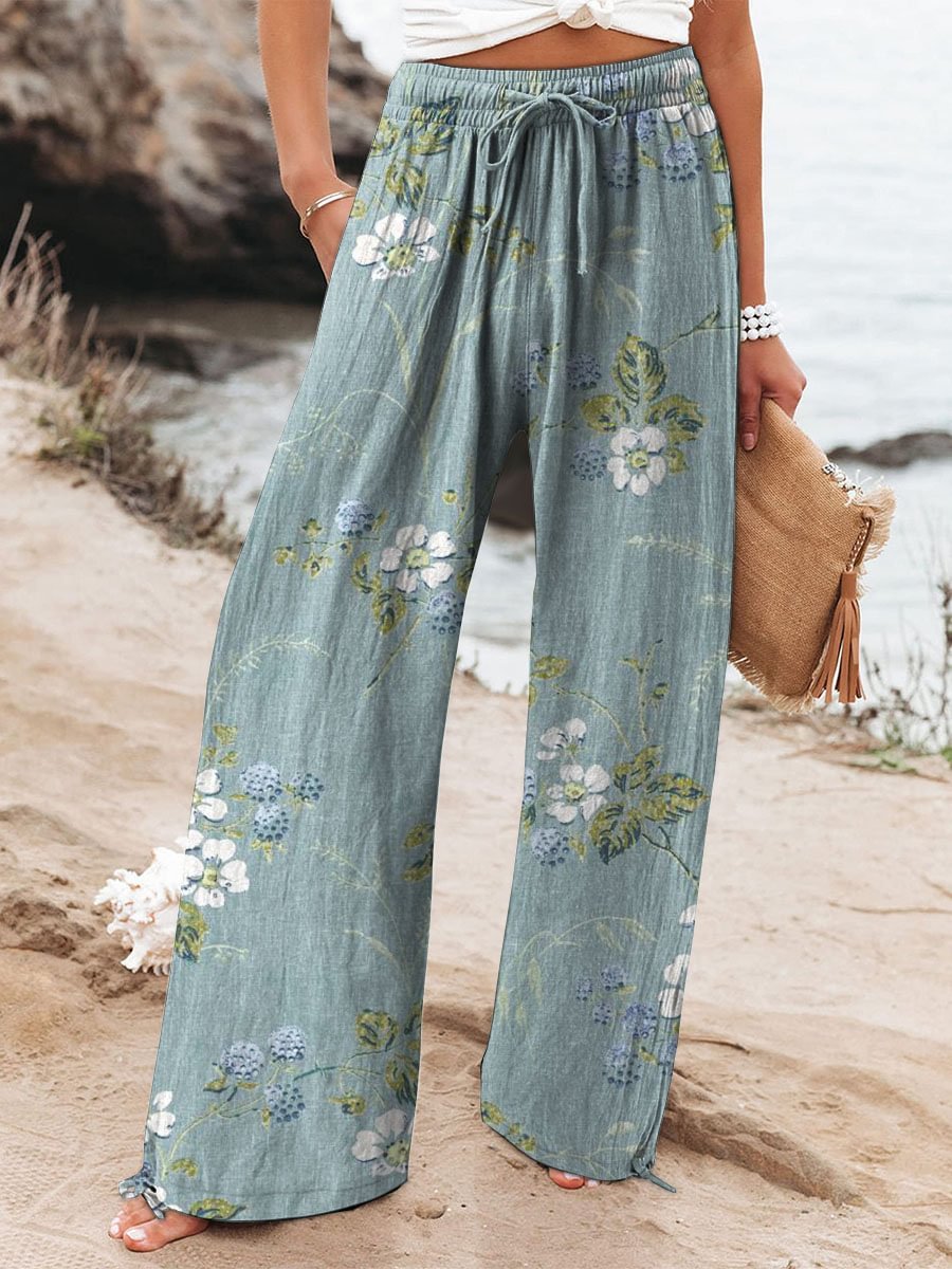 Women's Floral Print Elasticated Drawstring Wide Leg Trousers