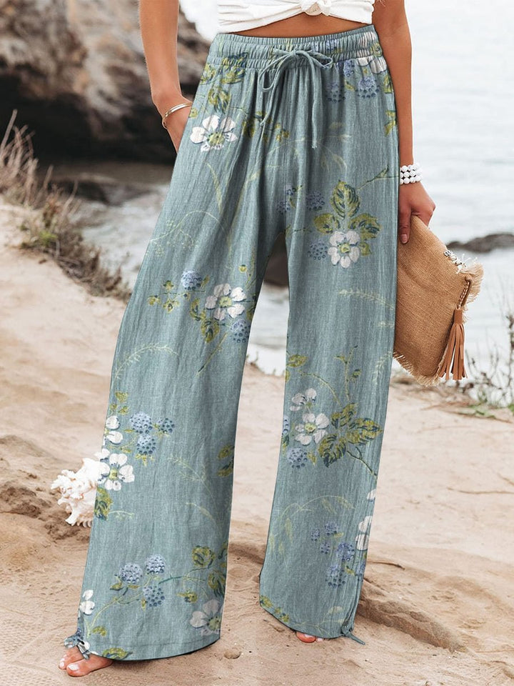 Women's Floral Print Elasticated Drawstring Wide Leg Trousers