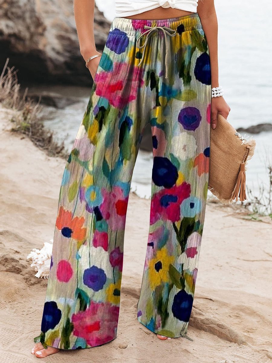 Women's Floral Print Elasticated Drawstring Wide Leg Trousers