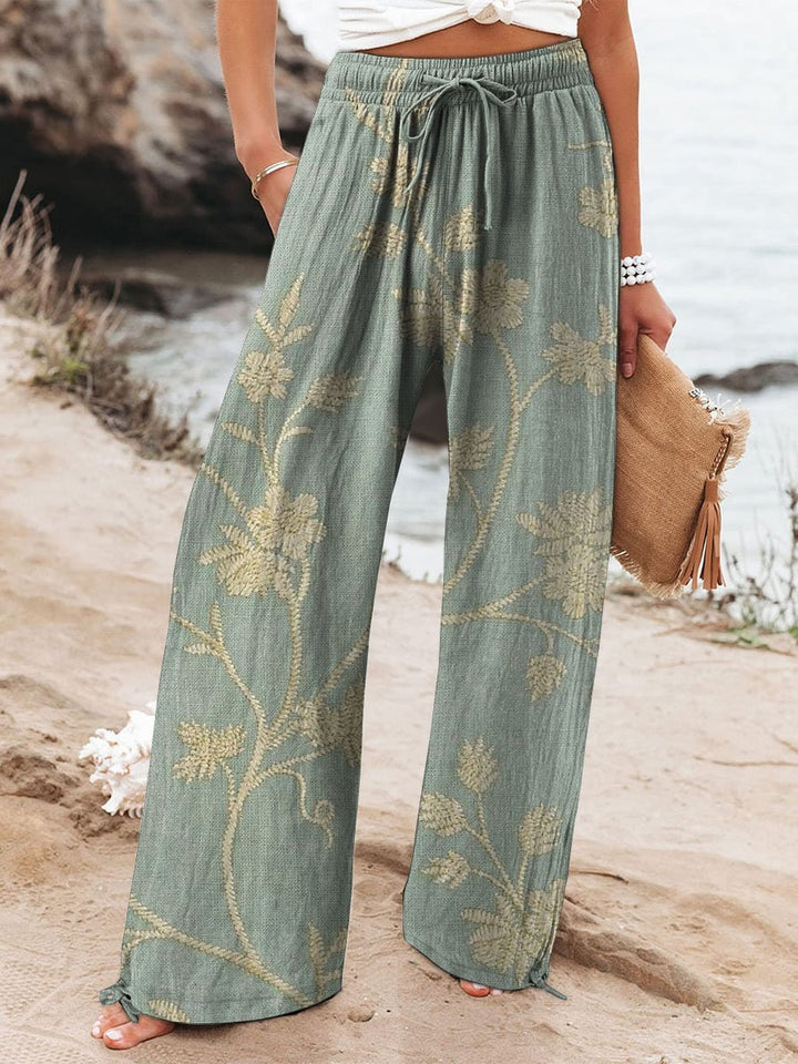 Women's Floral Print Elasticated Drawstring Wide Leg Trousers
