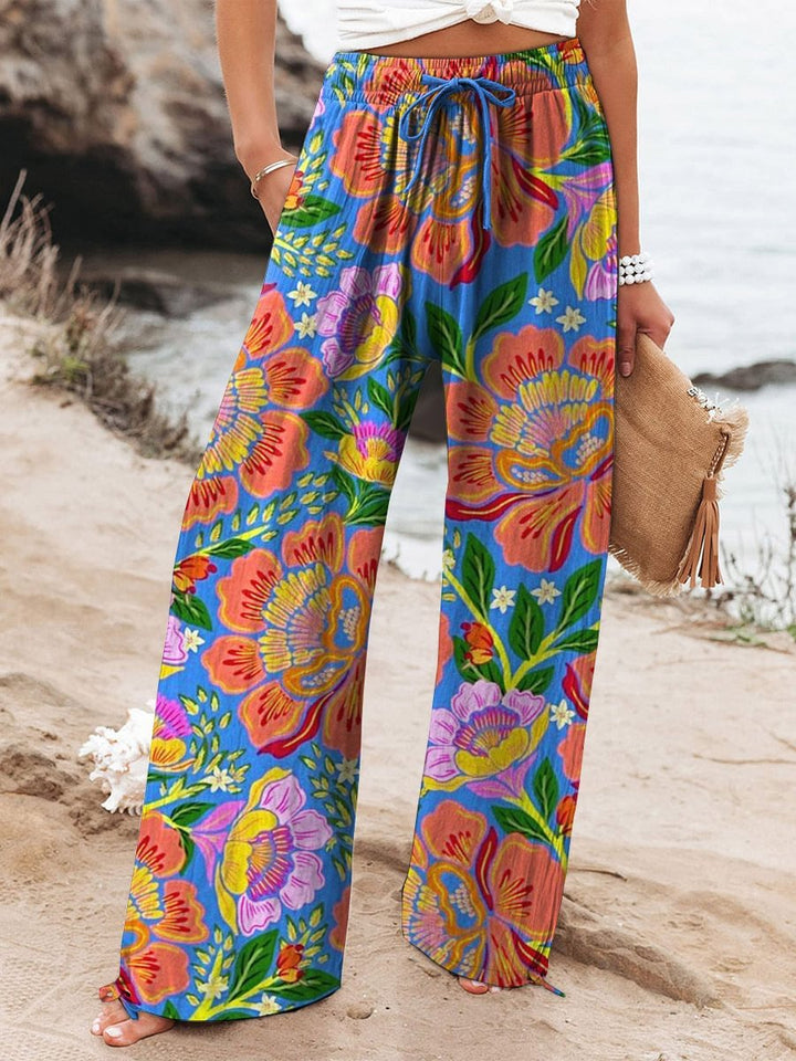 Women's Floral Print Elasticated Drawstring Wide Leg Trousers