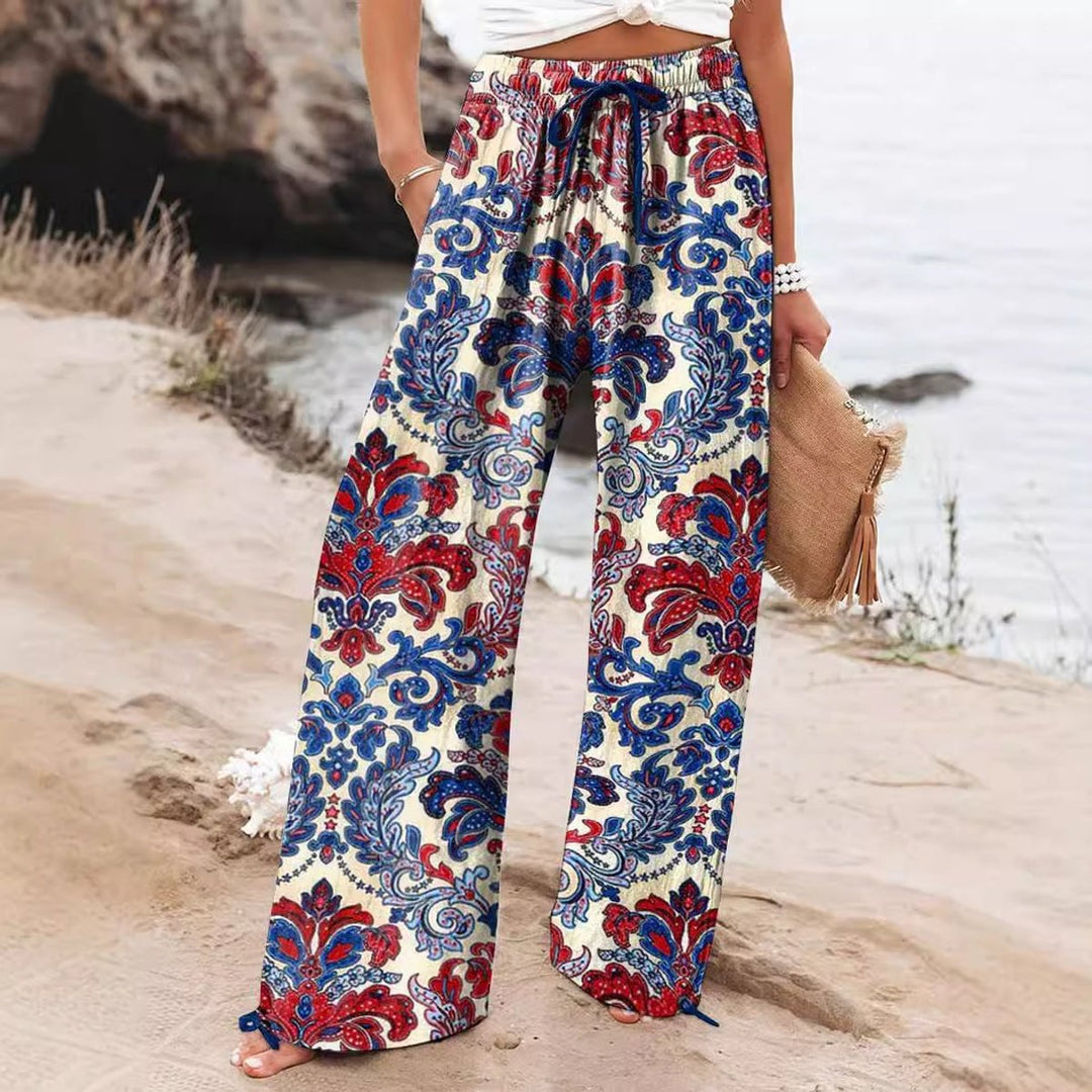 Women's Floral Print Elasticated Drawstring Wide Leg Trousers