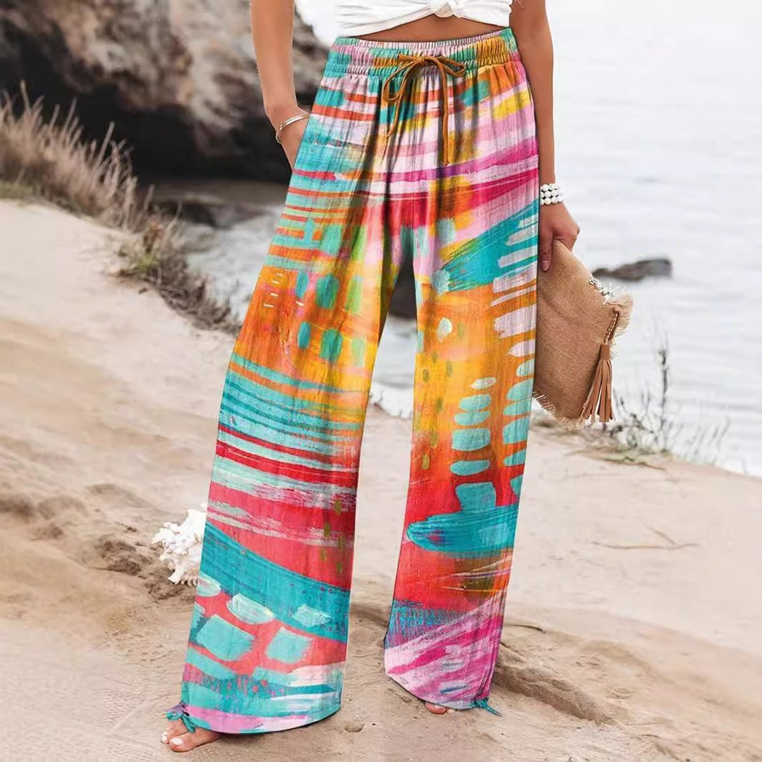 Women's Floral Print Elasticated Drawstring Wide Leg Trousers