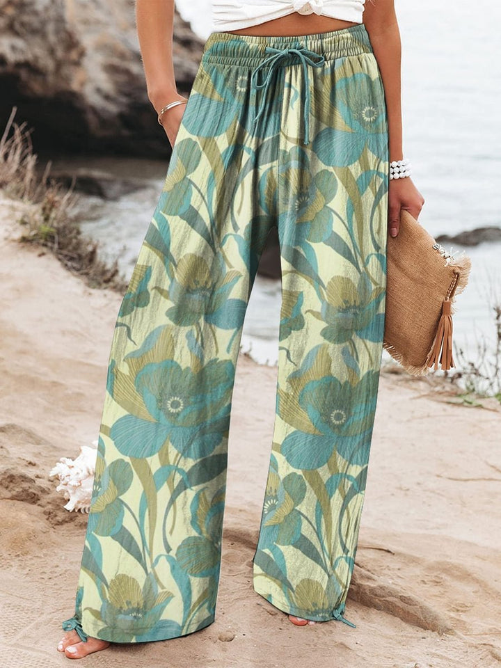 Women's Floral Print Elasticated Drawstring Wide Leg Trousers