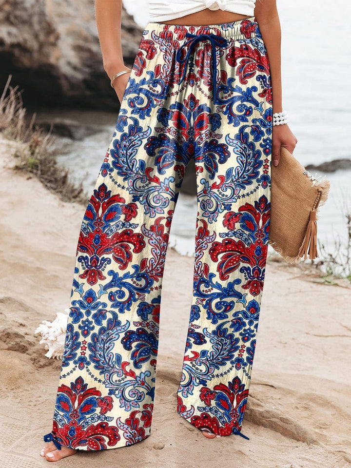 Women's Floral Print Elasticated Drawstring Wide Leg Trousers