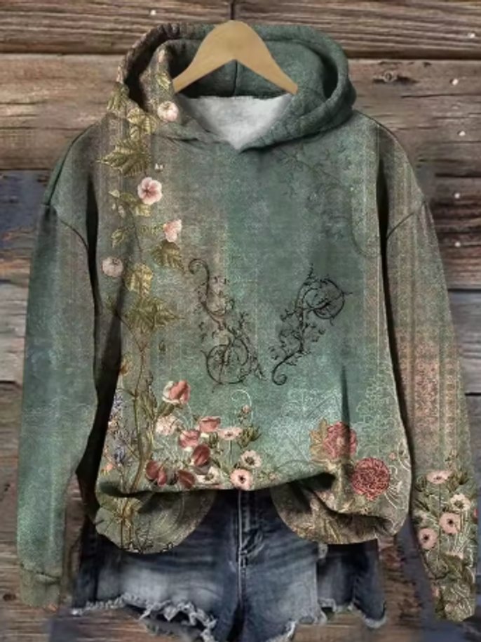 Women's Floral Print Oversized Hooded Knitted Sweater