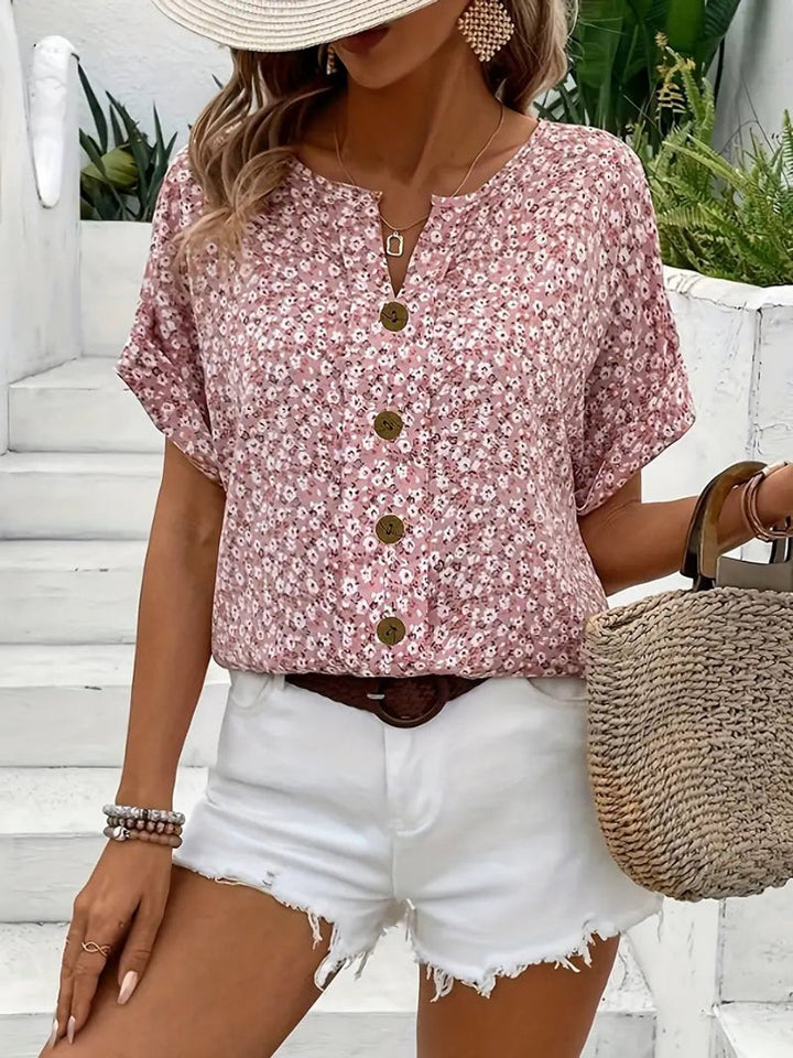 Women's Floral Print Short-Sleeve Button-Front Relaxed Blouse