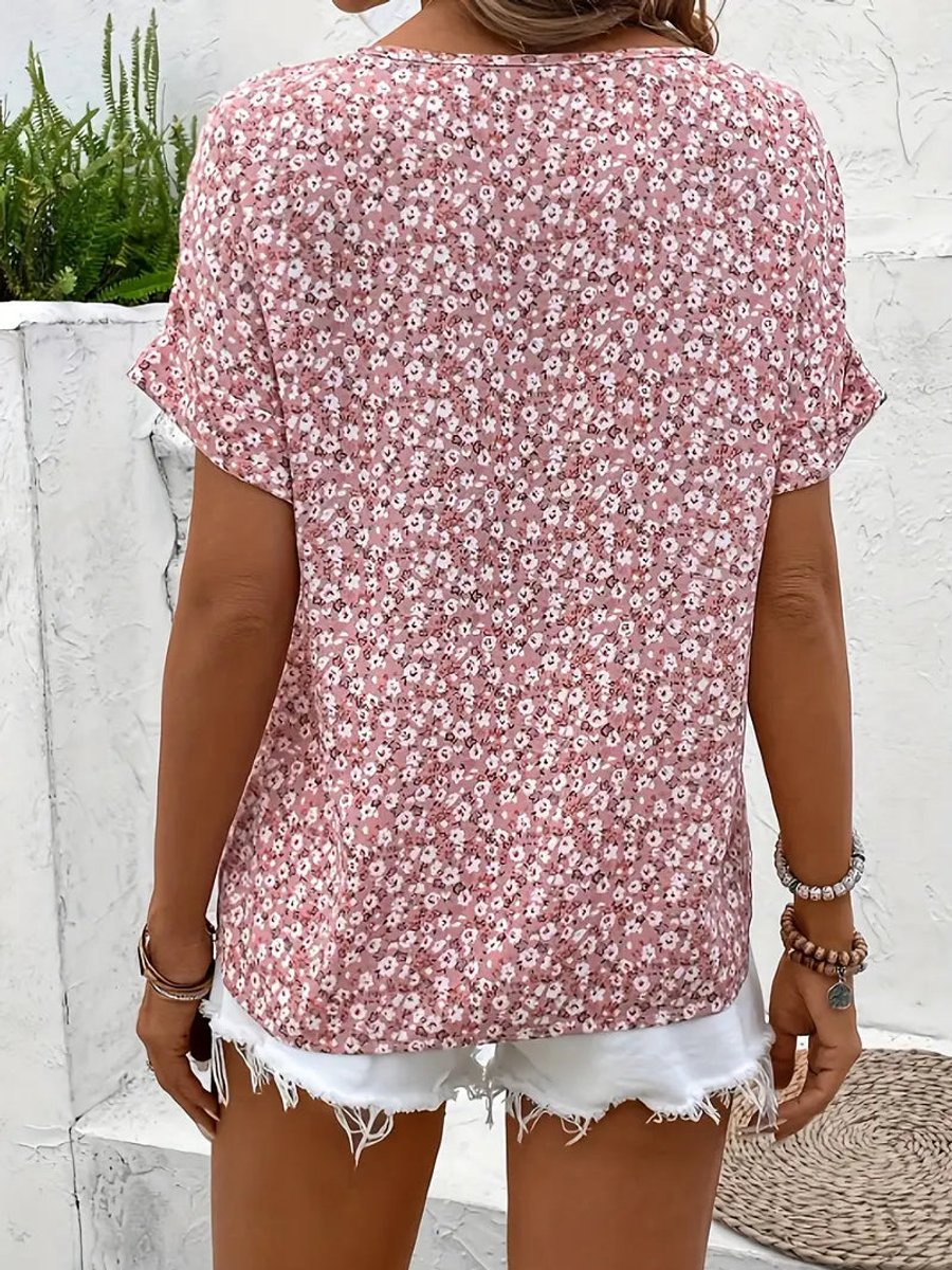 Women's Floral Print Short-Sleeve Button-Front Relaxed Blouse