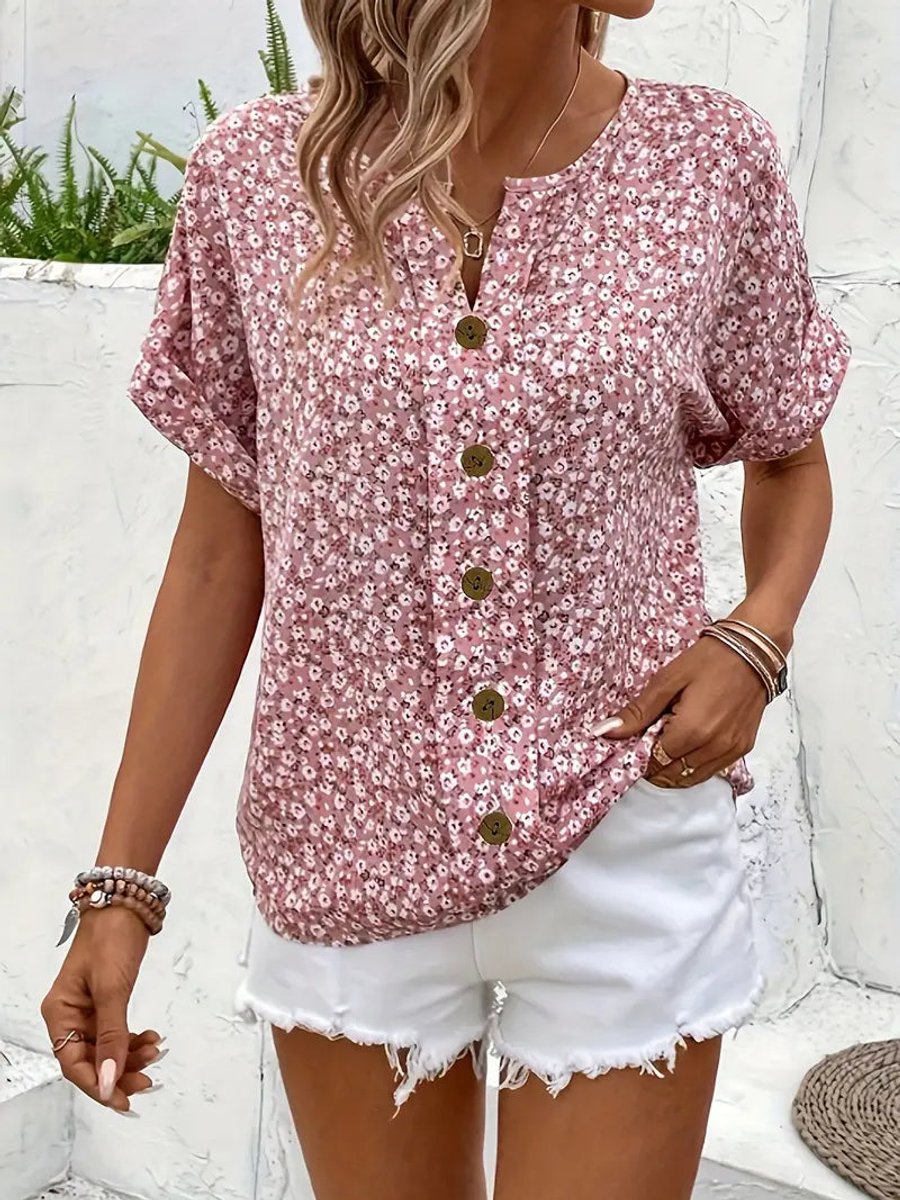 Women's Floral Print Short-Sleeve Button-Front Relaxed Blouse