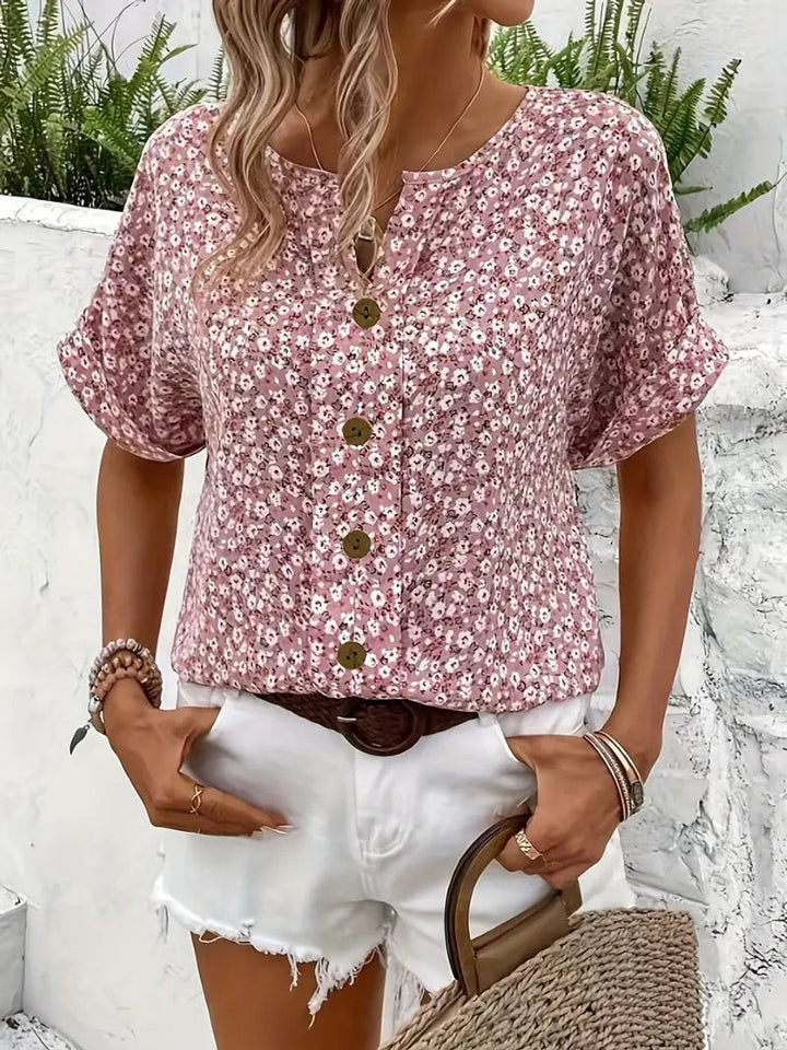 Women's Floral Print Short-Sleeve Button-Front Relaxed Blouse