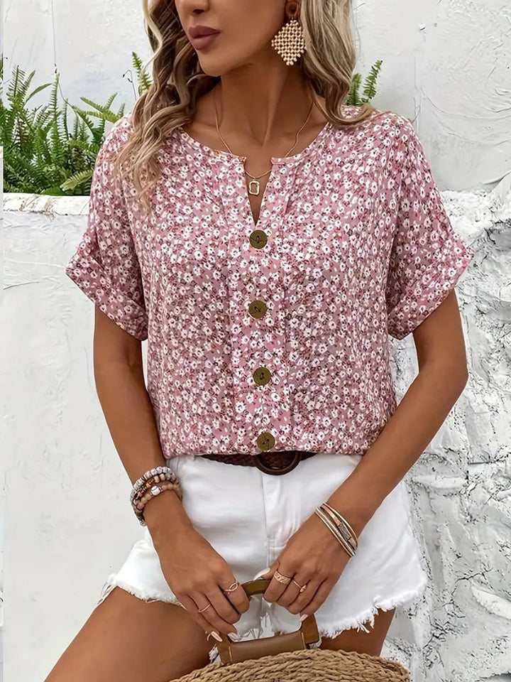 Women's Floral Print Short-Sleeve Button-Front Relaxed Blouse