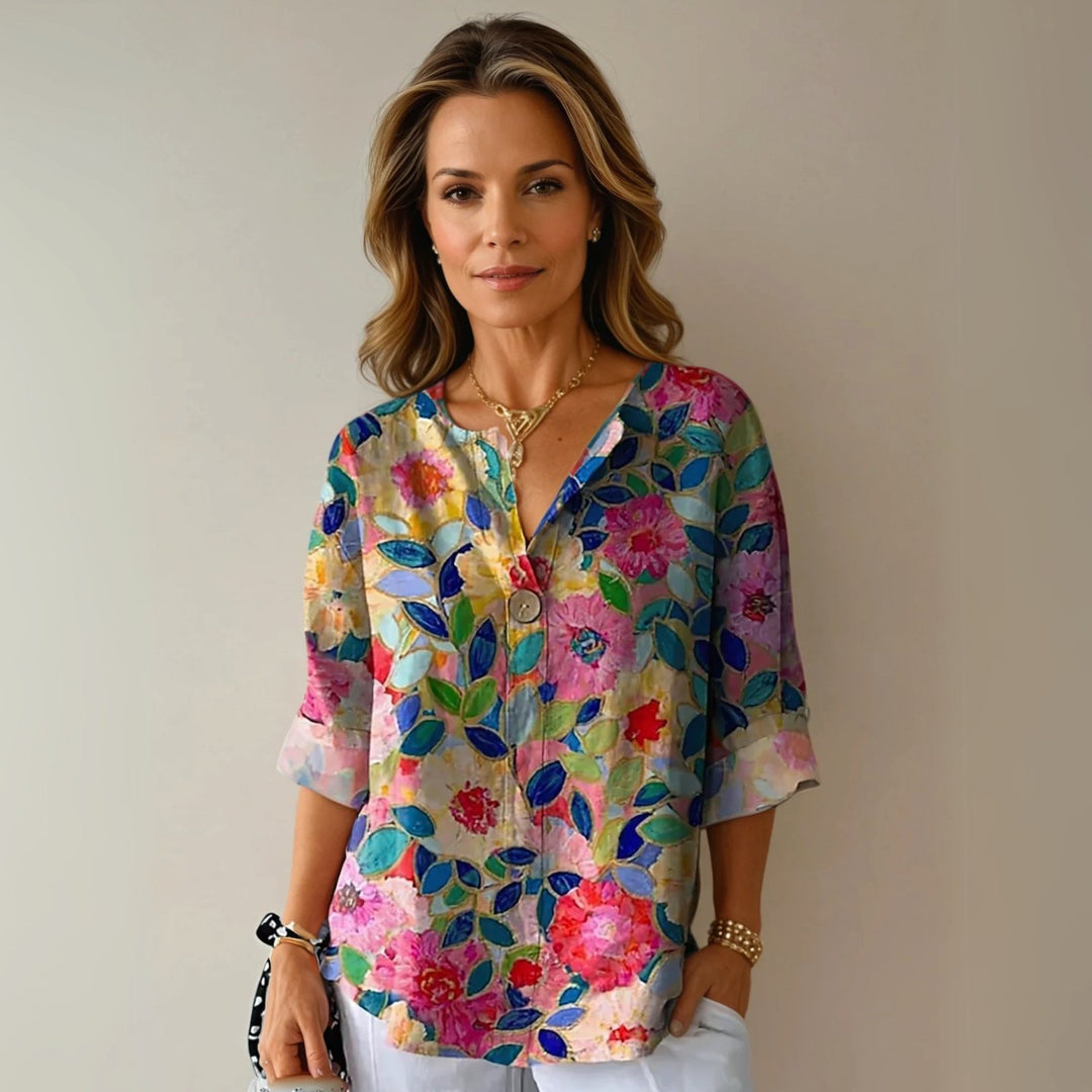 Women's Floral Print V-Neck Relaxed-Fit Half-Sleeve Blouse