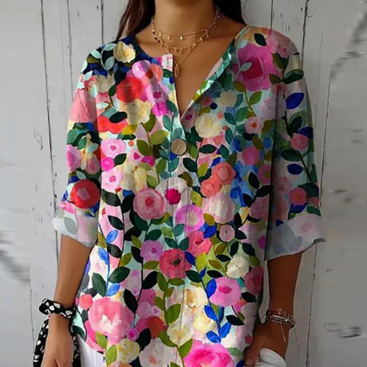 Women's Floral Print V-Neck Relaxed-Fit Half-Sleeve Blouse