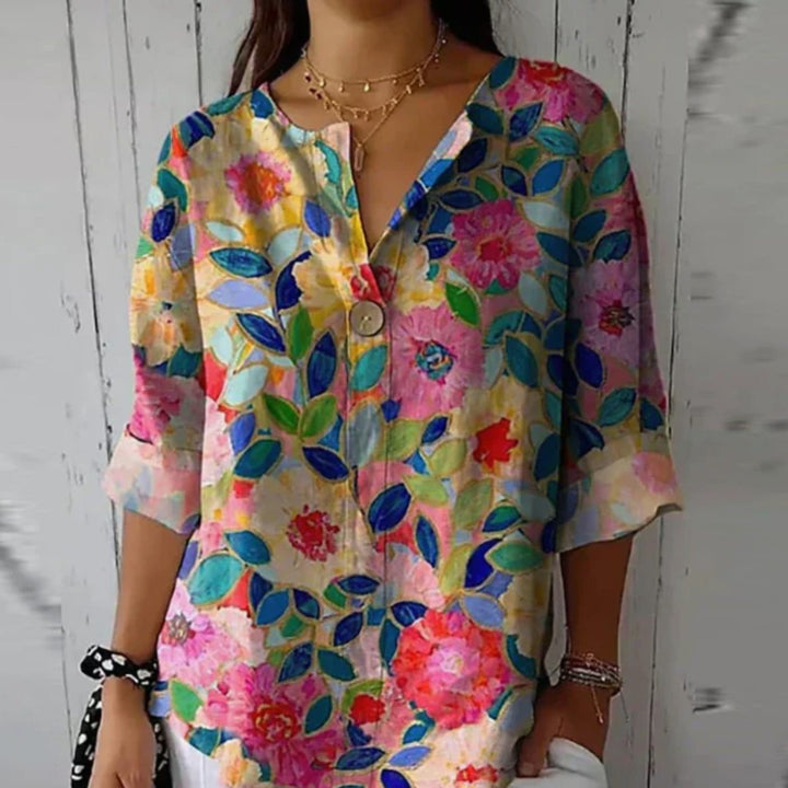 Women's Floral Print V-Neck Relaxed-Fit Half-Sleeve Blouse