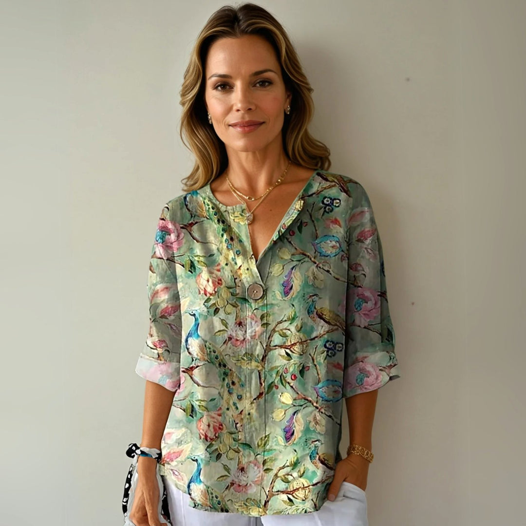 Women's Floral Print V-Neck Relaxed-Fit Half-Sleeve Blouse