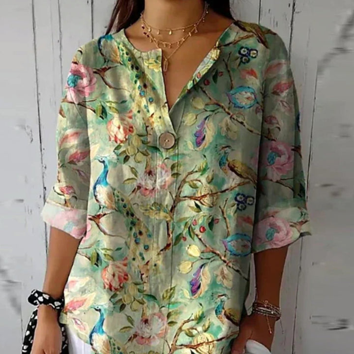 Women's Floral Print V-Neck Relaxed-Fit Half-Sleeve Blouse
