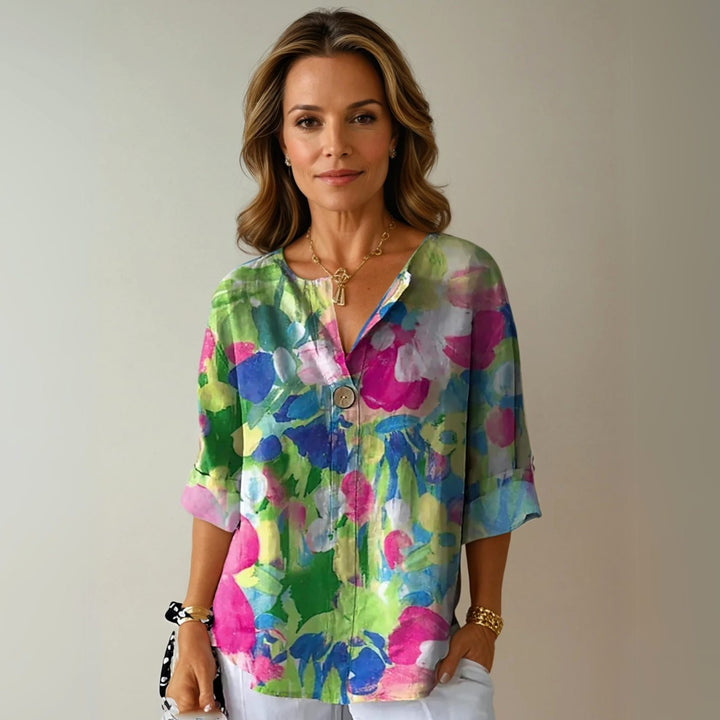 Women's Floral Print V-Neck Relaxed-Fit Half-Sleeve Blouse