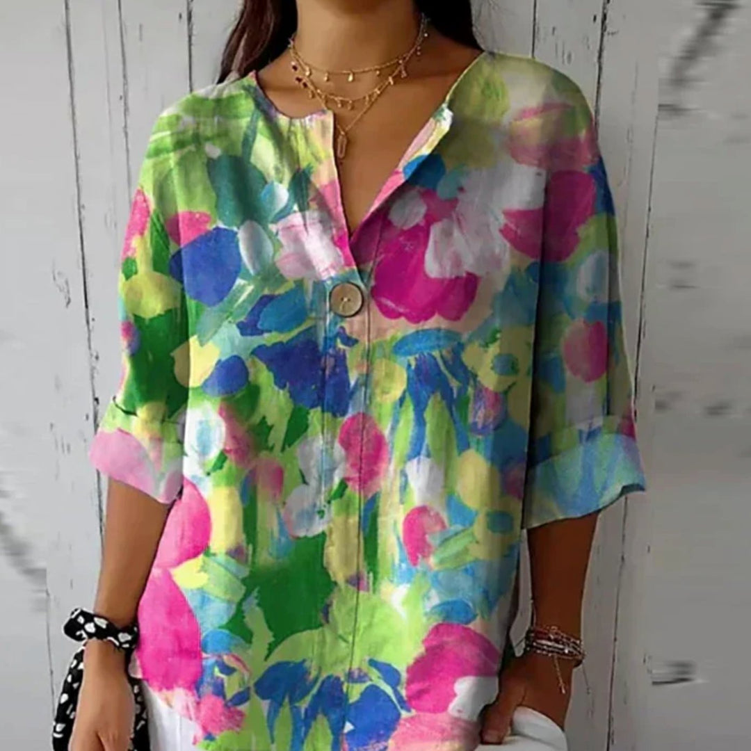 Women's Floral Print V-Neck Relaxed-Fit Half-Sleeve Blouse