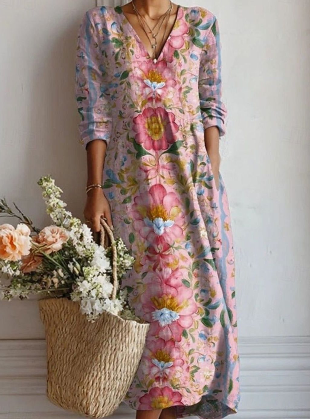 Women's Floral Print V-Neck Three-Quarter Sleeve Midi Dress