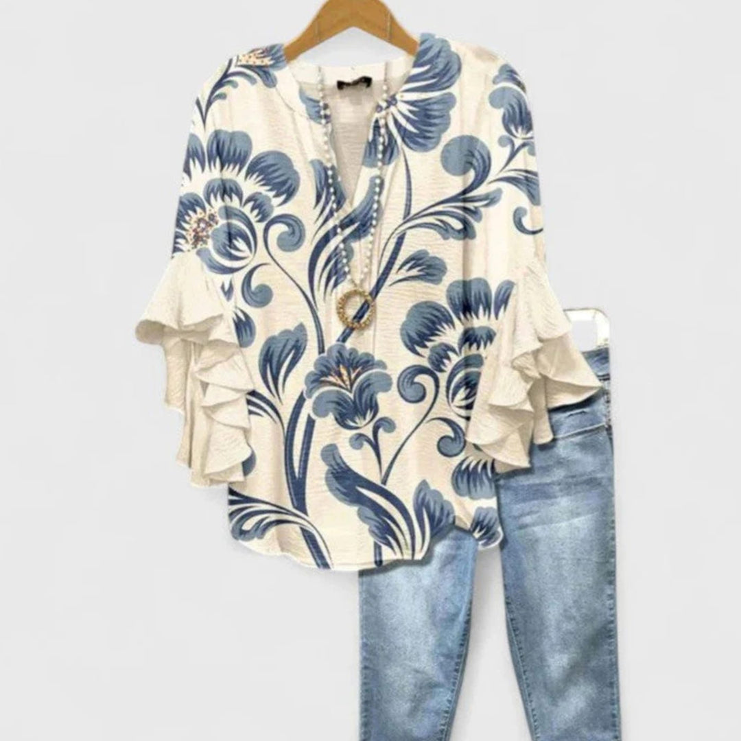 Women's Floral Ruffle-Sleeve Relaxed-Fit V-Neck Blouse
