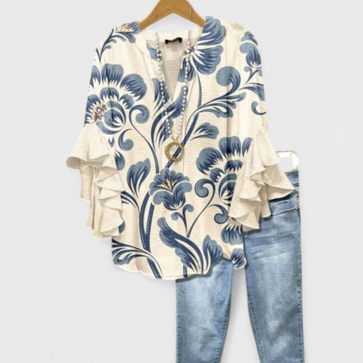 Women's Floral Ruffle-Sleeve Relaxed-Fit V-Neck Blouse