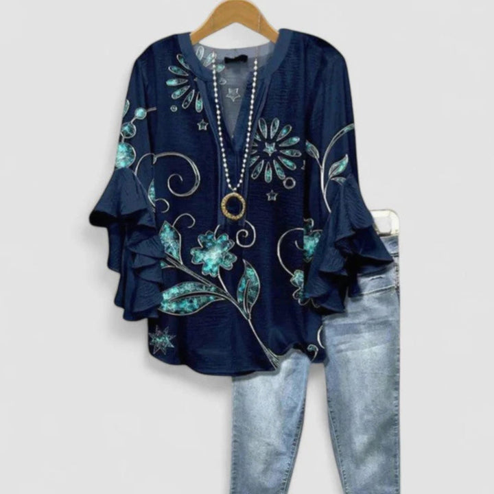 Women's Floral Ruffle-Sleeve Relaxed-Fit V-Neck Blouse