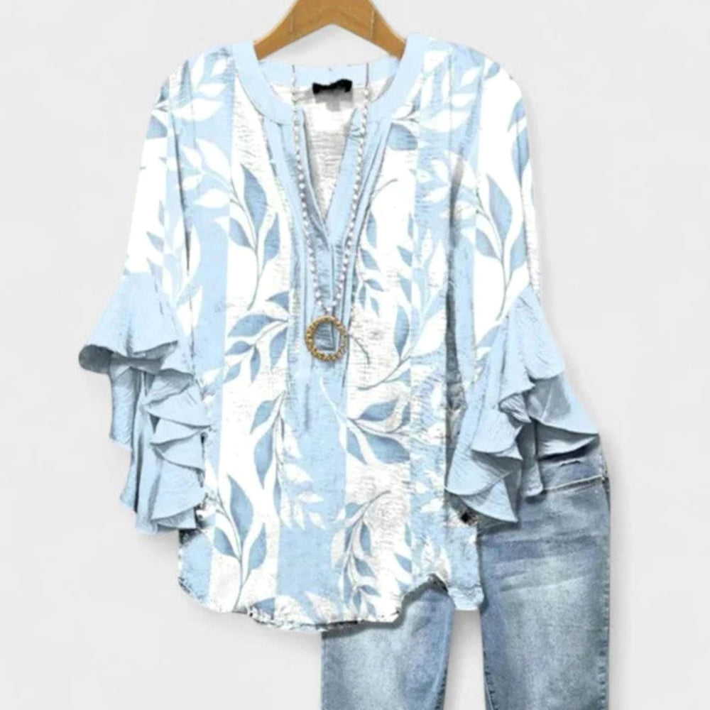 Women's Floral Ruffle-Sleeve Relaxed-Fit V-Neck Blouse
