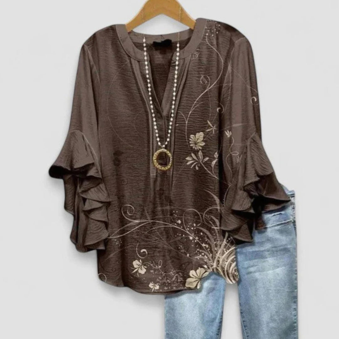 Women's Floral Ruffle-Sleeve Relaxed-Fit V-Neck Blouse