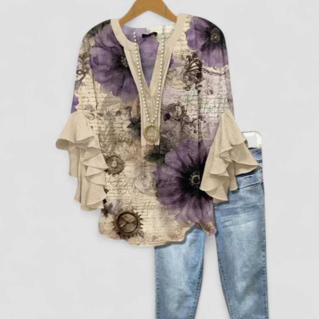 Women's Floral Ruffle-Sleeve Relaxed-Fit V-Neck Blouse