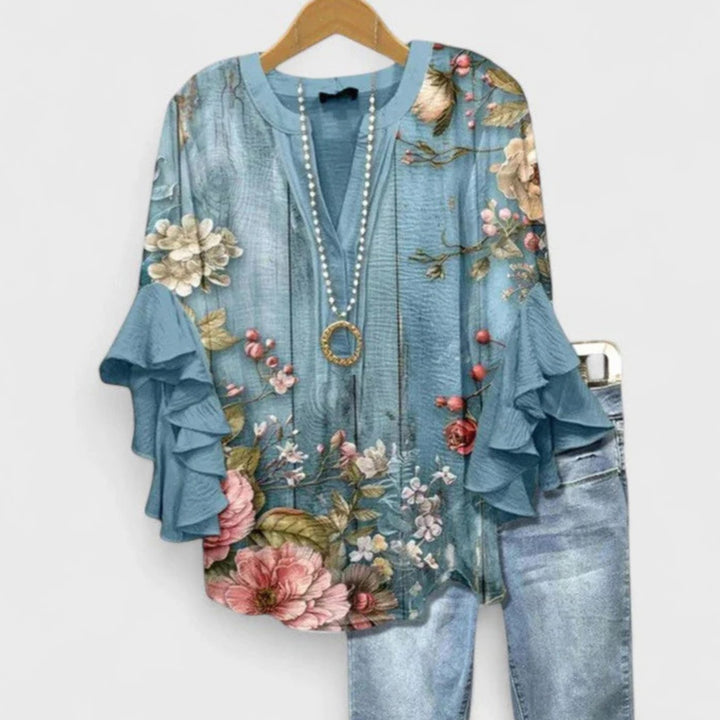 Women's Floral Ruffle-Sleeve Relaxed-Fit V-Neck Blouse