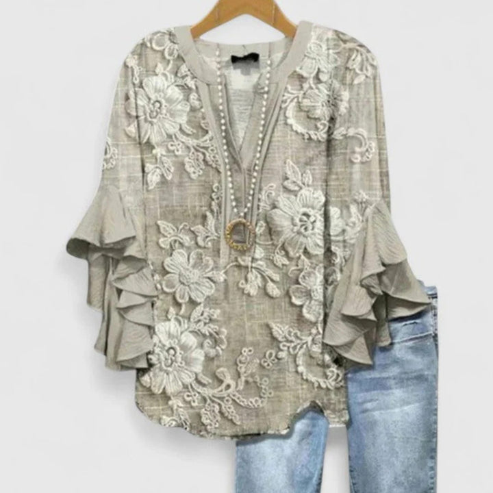 Women's Floral Ruffle-Sleeve Relaxed-Fit V-Neck Blouse