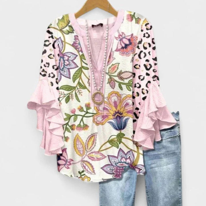 Women's Floral Ruffle-Sleeve Relaxed-Fit V-Neck Blouse