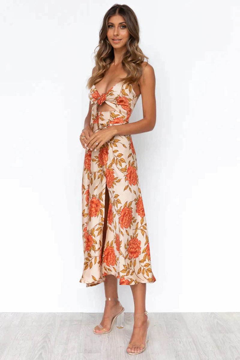 Women's Floral Satin Tie-Front Cocktail Party Dress