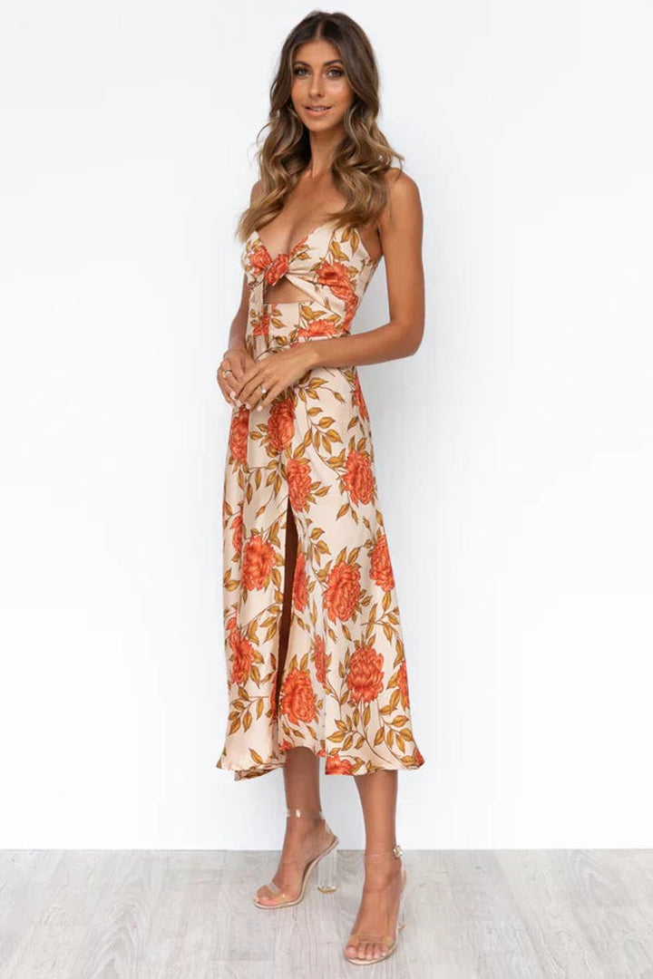 Women's Floral Satin Tie-Front Cocktail Party Dress