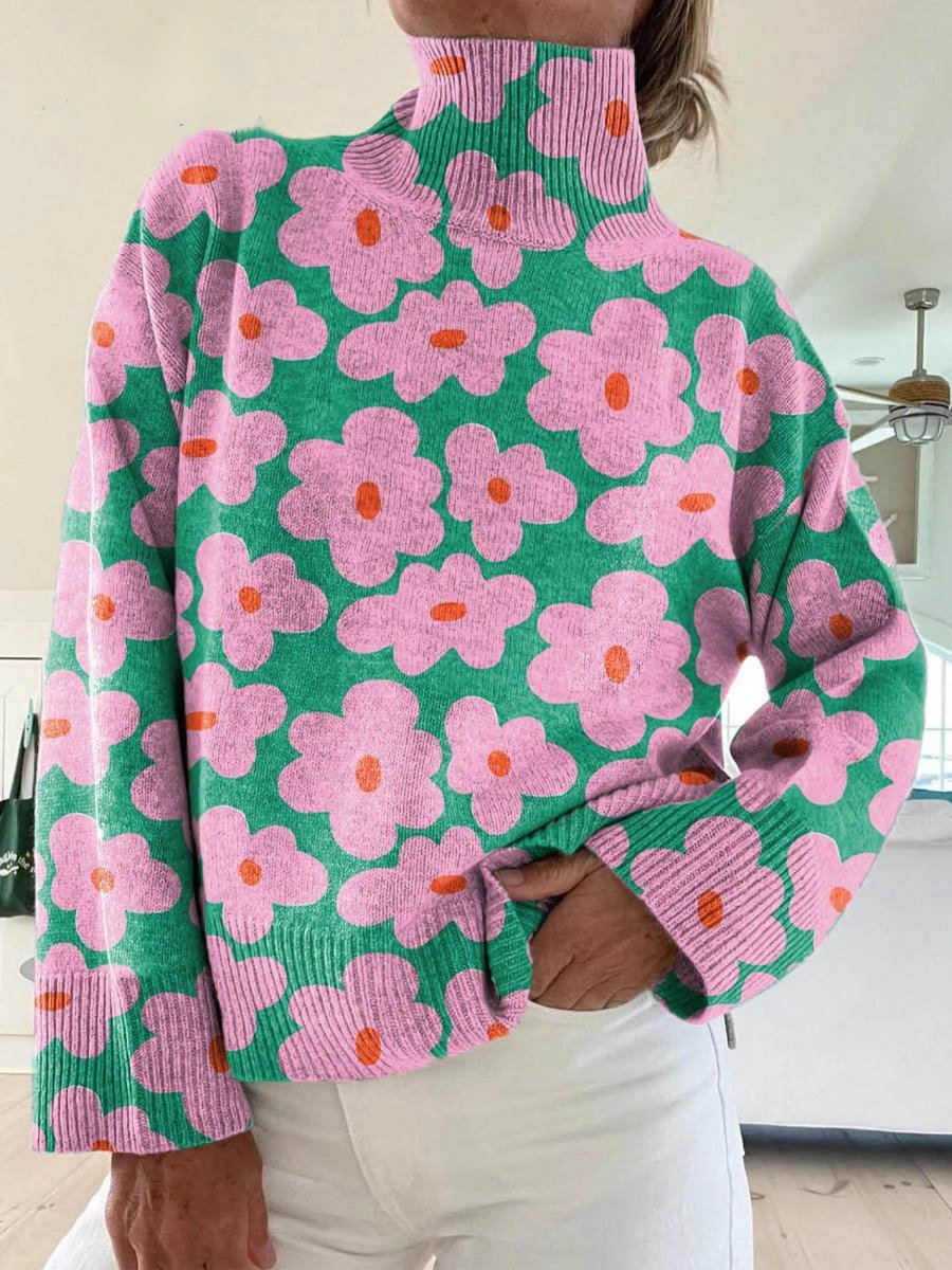 Women's Floral Turtleneck Relaxed-Fit Knitted Sweater