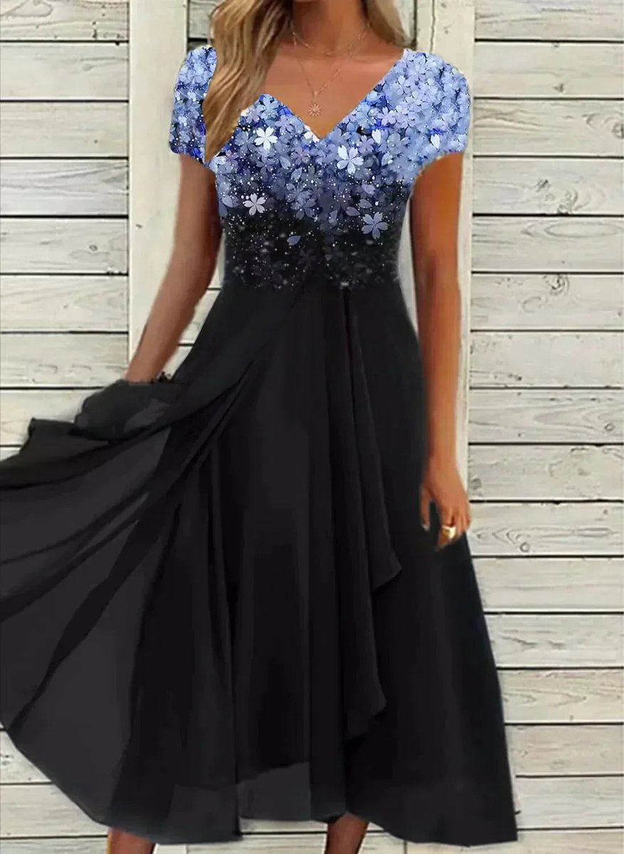 Women's Floral V-Neck Chiffon Cocktail Party Dress