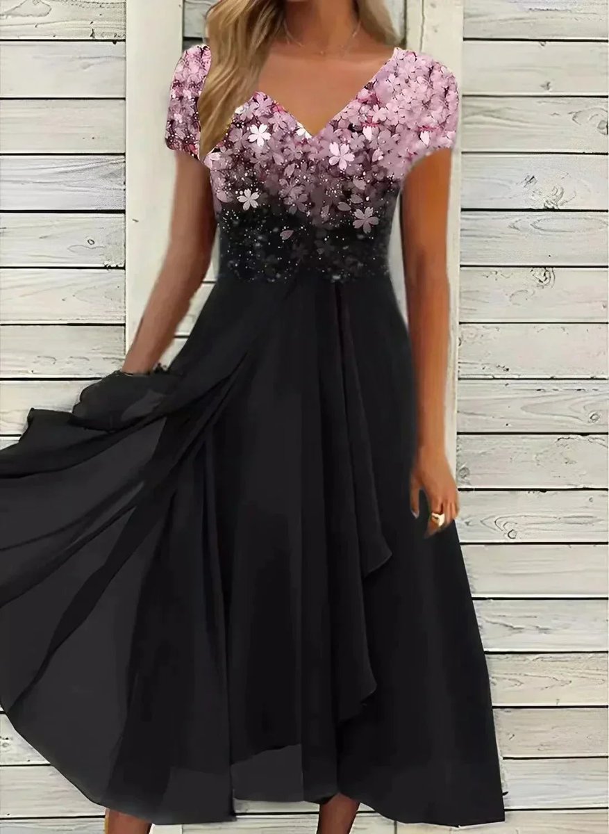 Women's Floral V-Neck Chiffon Cocktail Party Dress