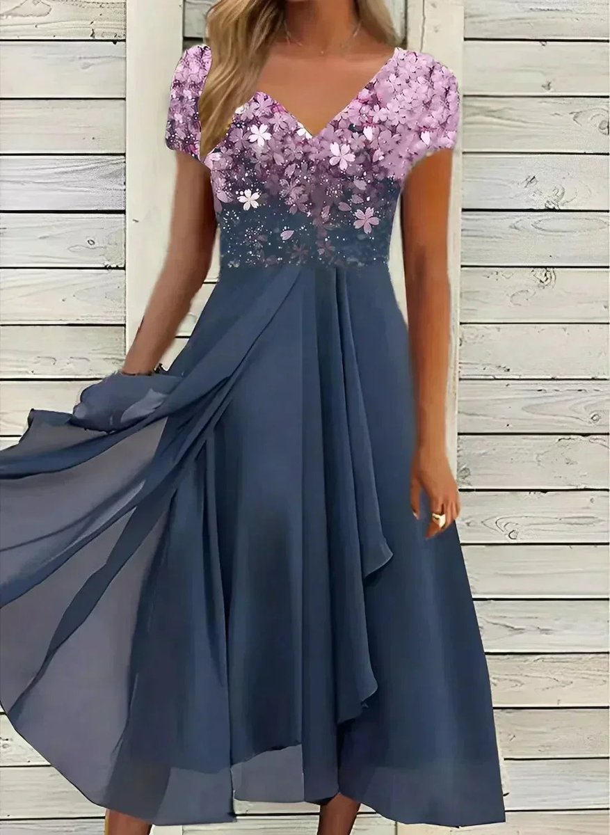 Women's Floral V-Neck Chiffon Cocktail Party Dress