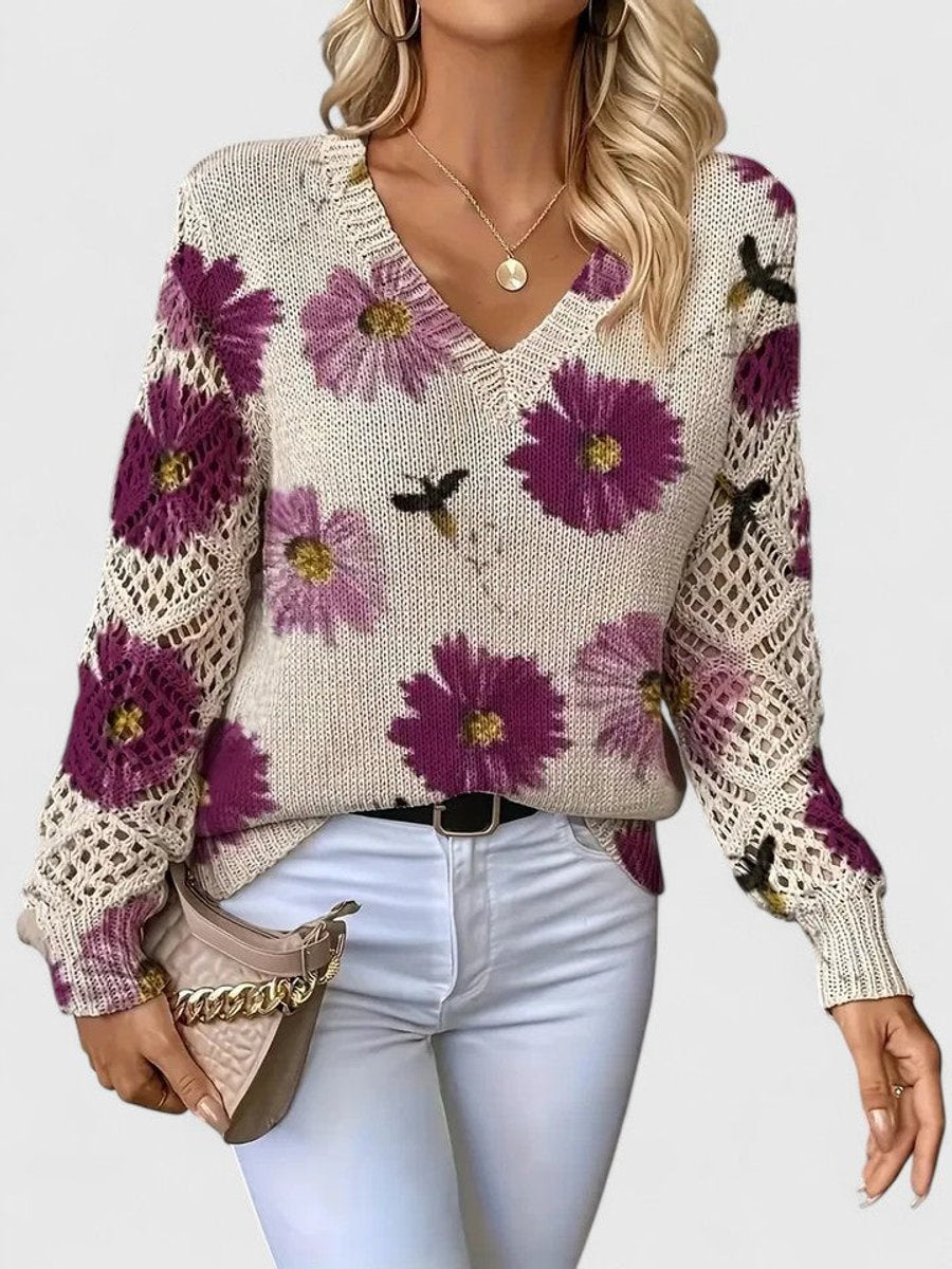 Women's Floral V-Neck Crochet Sleeve Knitted Sweater