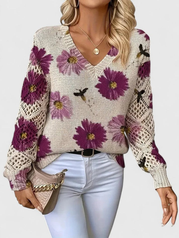 Women's Floral V-Neck Crochet Sleeve Knitted Sweater