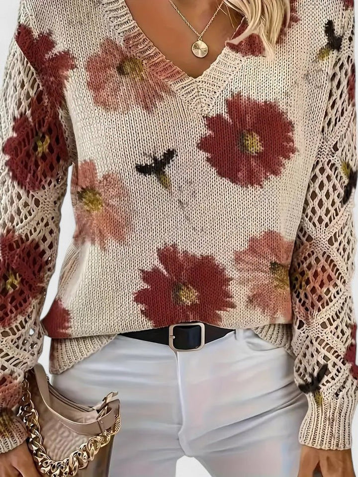 Women's Floral V-Neck Crochet Sleeve Knitted Sweater