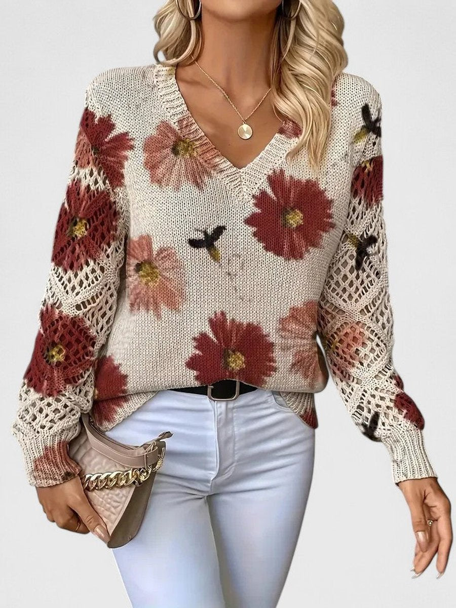 Women's Floral V-Neck Crochet Sleeve Knitted Sweater