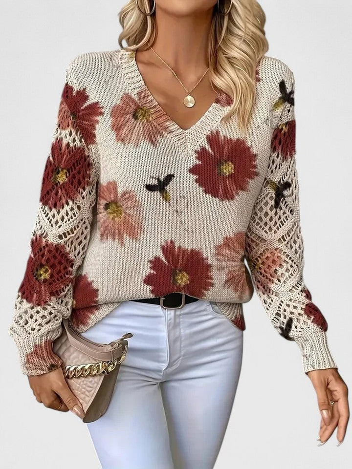 Women's Floral V-Neck Crochet Sleeve Knitted Sweater