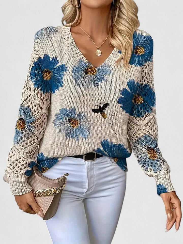 Women's Floral V-Neck Crochet Sleeve Knitted Sweater