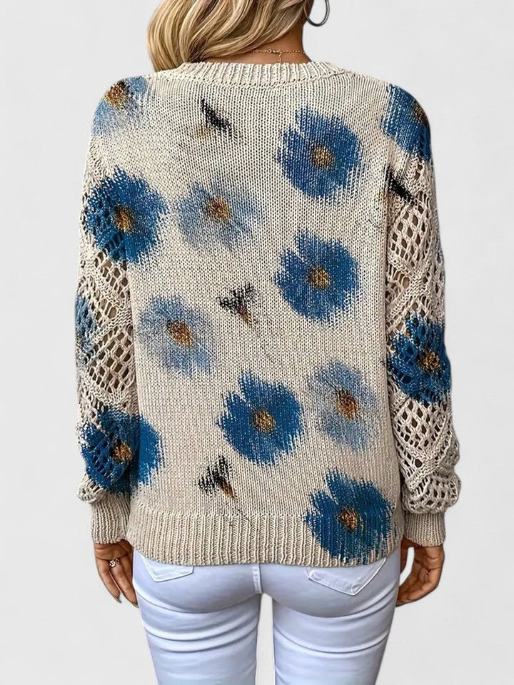 Women's Floral V-Neck Crochet Sleeve Knitted Sweater