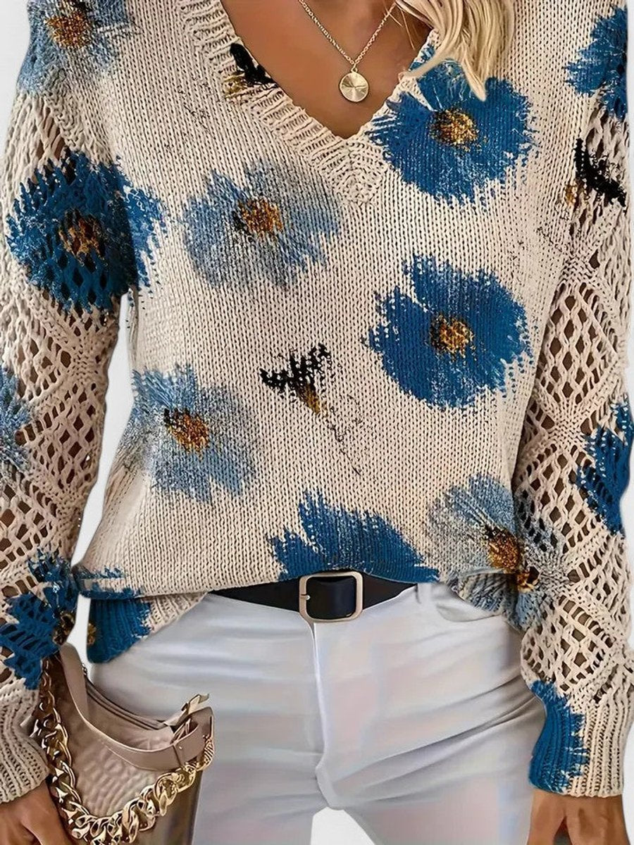 Women's Floral V-Neck Crochet Sleeve Knitted Sweater