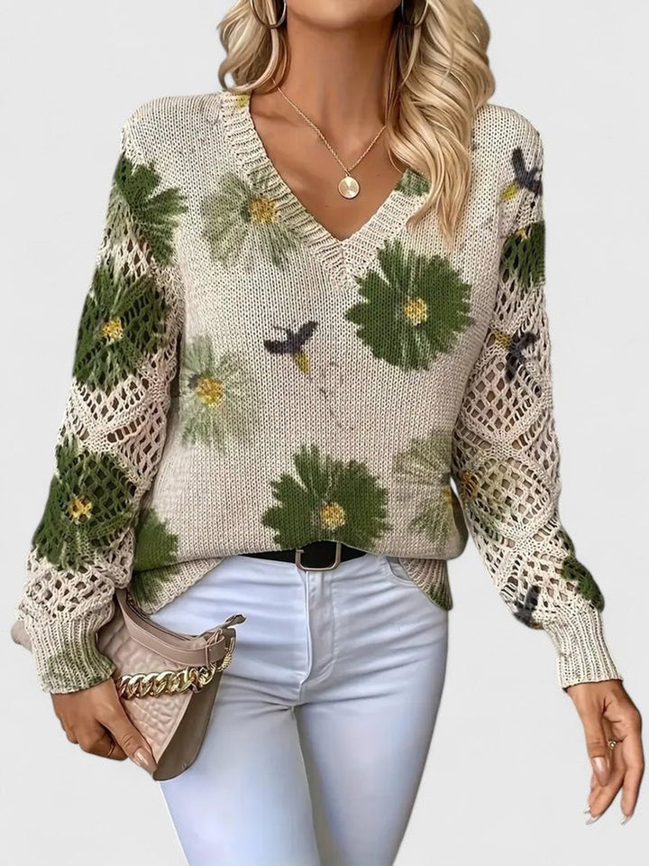 Women's Floral V-Neck Crochet Sleeve Knitted Sweater