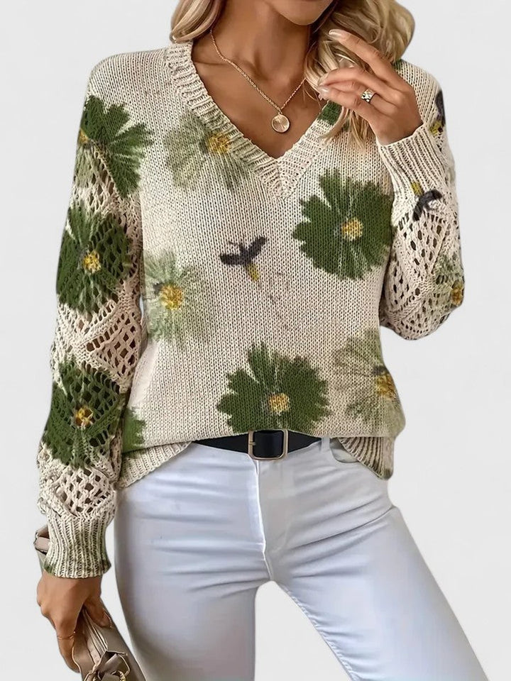Women's Floral V-Neck Crochet Sleeve Knitted Sweater