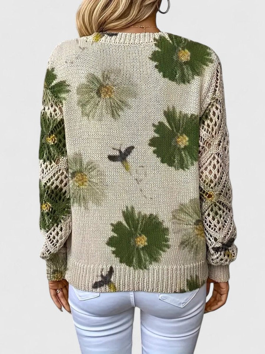 Women's Floral V-Neck Crochet Sleeve Knitted Sweater